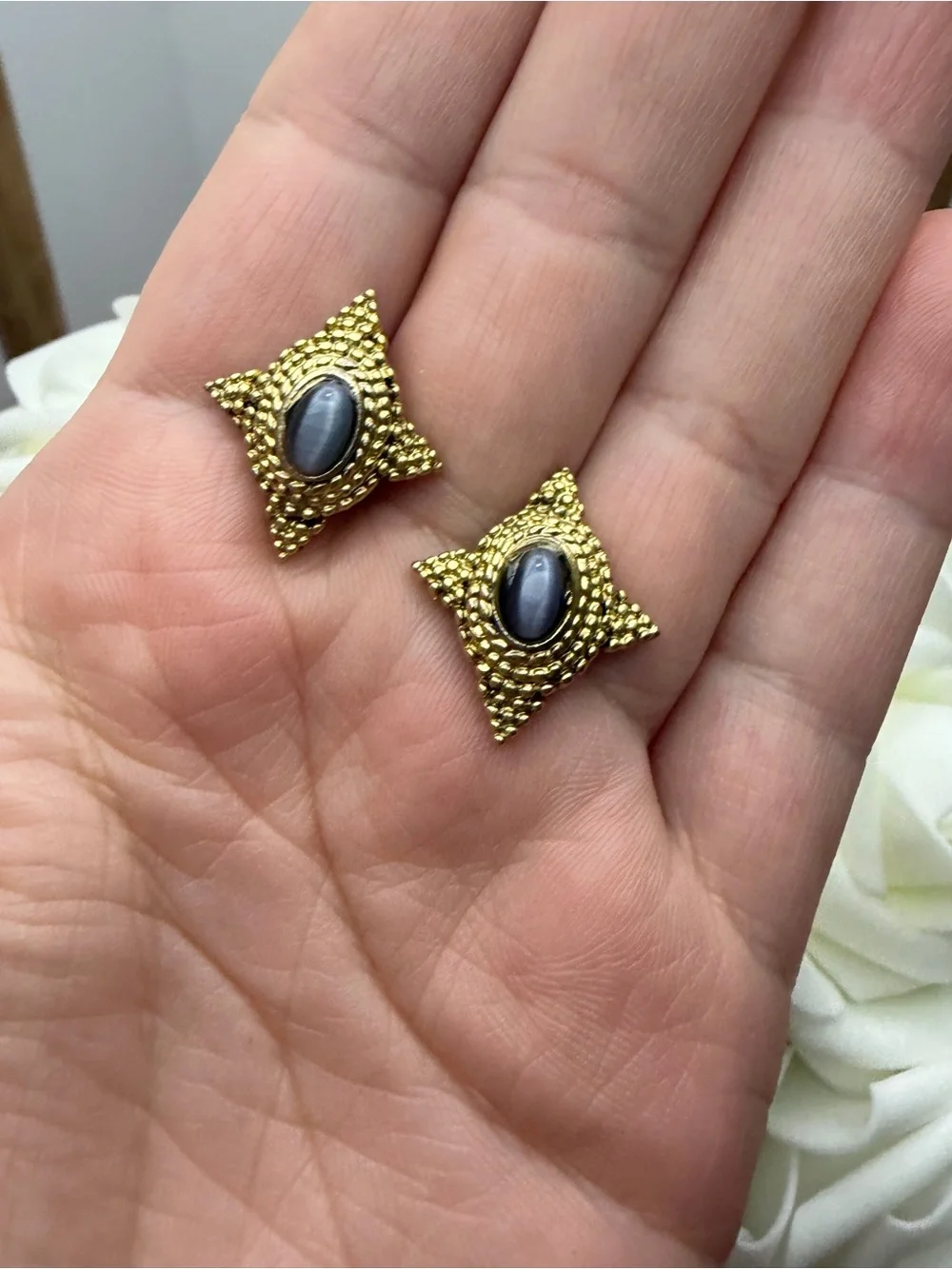 Gold-Tone Beaded Square Earrings with Black Cabochon